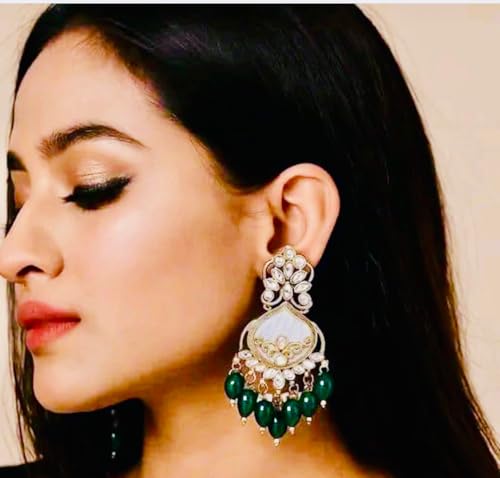 Image of Traditional 20K Gold Plated Kundan Chandbali Earrings with Black Beads and Faux Pearls for Women - Ethnic Wedding & Partyy Wear Statement Jewelry
