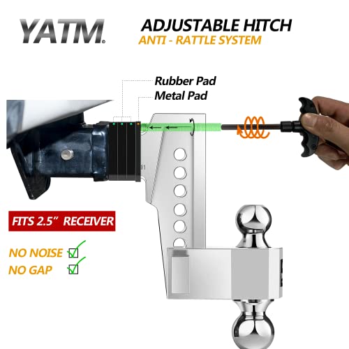 Yatm Adjustable Trailer Hitch Replaces Tri Balls (1-7/8", 2", 2-5/16") Mount,Fits 2.5-Inch Receiver,Drop/Rise,Gtw 15,000 Lbs Silver- Ultra Quiet X-5125 (6-Inch Drop) #TOP1