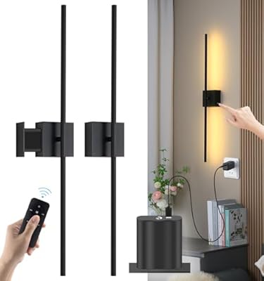 Battery Operated Wall Sconces with Remote Control, Dimmable Touch Wall Lights Wireless, USB Rechargeable LED Wall Lamp Black, 350° Rotate Reading Lamp for Living Room Bedroom Hallway, 31.5 Inch, 2 PCS