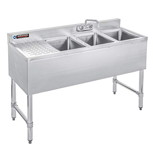 DuraSteel 3 Compartment Under Bar Sink - CEC &amp; NSF 304 Stainless Steel 3 Bay Utility Sink with No Lead Faucet - 48" L x 19" W x 33" H - Left Drainboard Commercial Restaurant Grade
