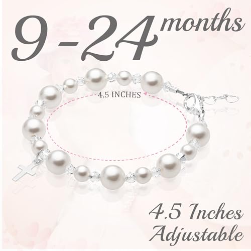 Pearl Bracelets for Girls, Sterling Silver Cross Charm, Baptism Gifts for Girl, Baby Bracelet with Simulated White Pearls and Crystals, Girls Jewelry Birthday Gift2