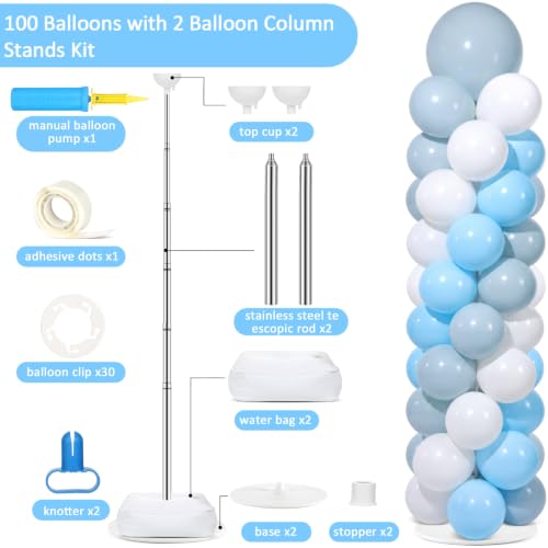 Image of 2 Sets Adjustable Balloon Column Stand Kit with Bases(Dusty Blue White) | Reusable Stainless Steel Poles, 102 Balloons with Pump, Floor Decor, Baby Shower Birthday Wedding Bridal shower Engagement