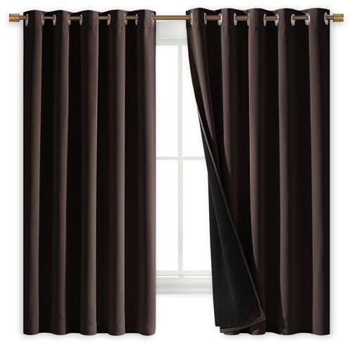 Image of NICETOWN 100% Blackout Lined Curtains, Brown, 1 Pair, 62 inch Width x 63 inch Length Each Panel, 2 Thick Layers Completely Blackout Window Treatment Thermal Insulated Drapes for Kitchen /Bedroom