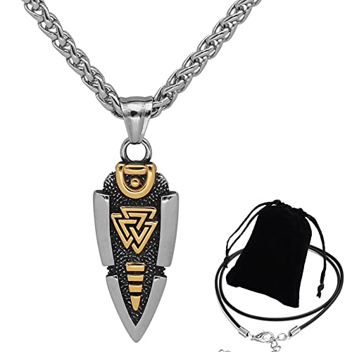 ZFSBRTL Collana con Amuleto Punta di Freccia con Pendente Lancia, Mitologia Norrena Rune Valknut in Acciaio Inossidabile Gioielli Vichinghi Modello Doppia Faccia Catena 60 Cm