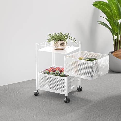 Kuber Industries 2-Tier Large Kitchen Trolley with Wheels | Metal Square Storage Rack for Fruits & Vegetables, Bathroom | Rolling Cart for Corner Space | White