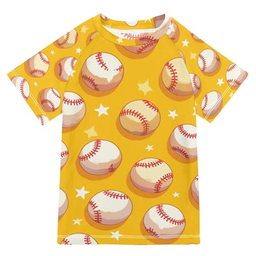 Wudan Cartoon Baseballs Yellow Kids Bathing Suits Girls UV Protection Kids Rash Guard Swim Girls Swimwears Summer Clothes for Youth Boys 5-6T