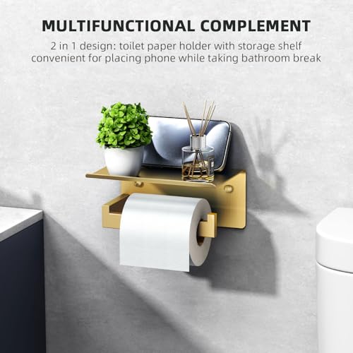 Image of Angle Simple Toilet Paper Holder with Shelf, Brushed Dark Gold