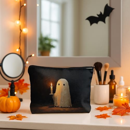 Halloween Spooky Ghost Holding Candle Makeup Bag,Vintage Halloween Ghost Cosmetic Bags Gifts for Women, Horror Spooky Makeup Zipper Pouch for Travel Gift3
