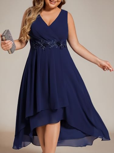 Image of Ever-Pretty Plus Women's V Neck Applique Chiffon Pleated Sleeveless Midi Plus Size Cocktail Party Dresses