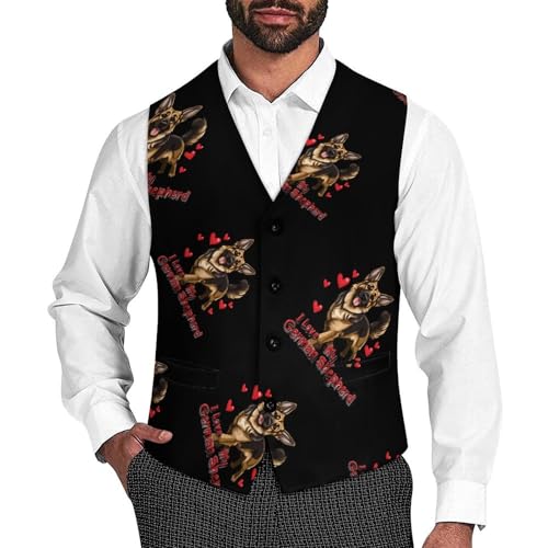 I Love My German Shepherd Mens Slim Fit Suit Vest Dress Waistcoat Casual Business Vest