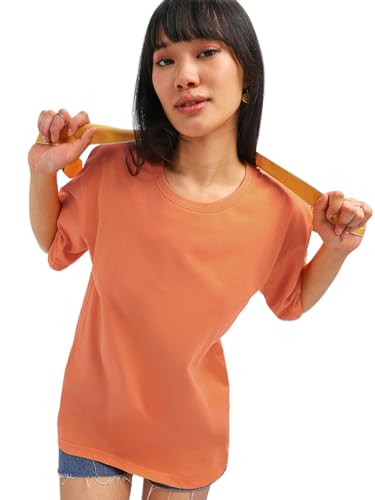 Image of JUNEBERRY Pure Cotton Oversized Baggy Fit Half Sleeve Drop Shoulder Plain Solid Round Neck T-Shirt for Women (Available in Black, White, Lilac, Cork, Maroon, Royal Blue, Swan White, Soap Nut Colors)