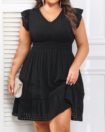 Women's Plus Size Cocktail Dress - Semi Formal V-Neck Flutter Sleeves A-Line Wedding Guest Short Dress with Pockets4