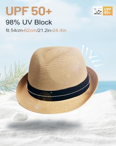 Zylioo XXL XL Straw Panama Sun Hat for Big Heads,M S UV Summer Fedora with Chin Strap,Beach Travel Outdoor Gift Box, Cuban-khaki, XL-XXL
