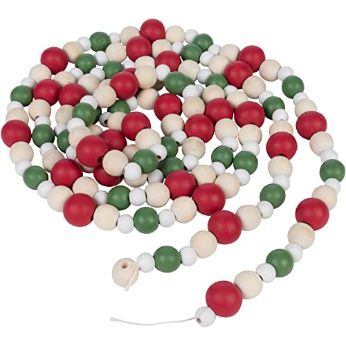 One Holiday Way 9-Foot Rustic Red, Green, White and Unfinished Wood Bead Garland Christmas Tree Decoration - Decorative Vintage Wooden Beads for Everyday Chic Winter Farmhouse Xmas Party Home Decor