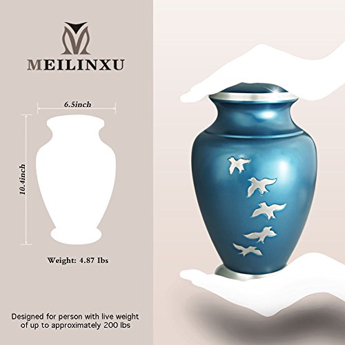 Cremation Urn for Human Ashes Adult - Brass Funeral Urn for Women or Men - Display Burial At Home or in Niche at Columbarium (Silvery Aria Flying Birds / Hummingbird, Blue Metal Urn for Adults Large