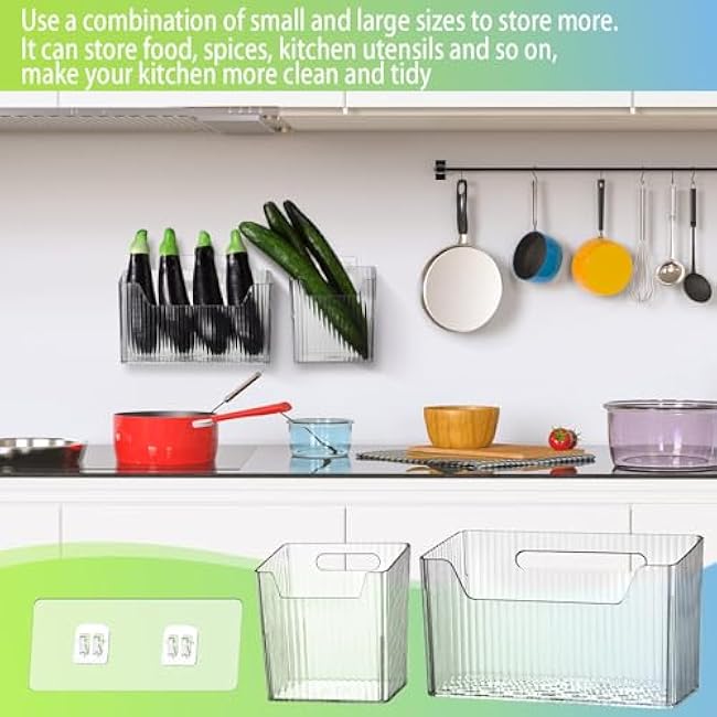 8 Pcs Storage Organizer Bins Wall Mounted Organizer Basket Plastic Cabinet Door Bins Stackable Hanging Baskets for Organizing for Wall Refrigerator Kitchen Bathroom Pantry(3.94'',Clear)