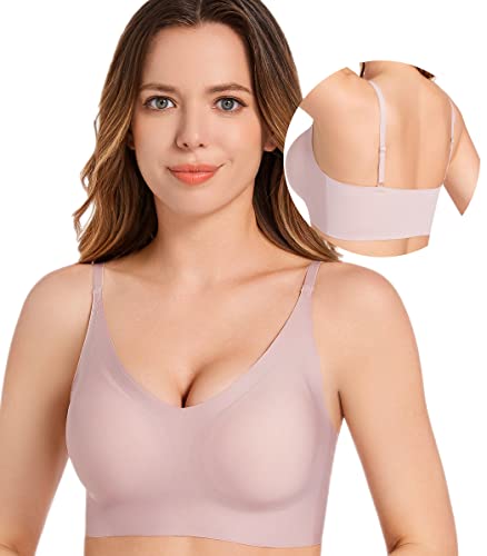 PRETTYWELL Comfortable Bras, Seamless Wire Free Everyday Bras for A to D Cups, V Neck Soft and Light Basic Bras for Women