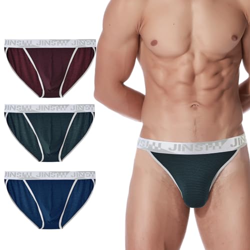JINSHI Men's Mesh Striped Briefs,Sexy Bikini Bulge Enhancing Briefs,Low Rise Ball Pouch Stretch Breathable Underwear