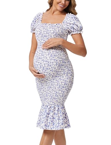 Image of Spring Long Puff Sleeve Maternity Dress Floral Ruffle Hem Mermaid Baby Shower/Photoshoot Dress