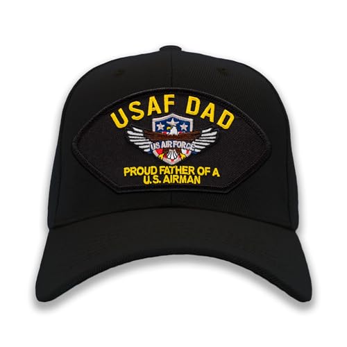 PATCHTOWN Air Force Dad - Proud Father of a US Airman Ballcap Hat (Black, Standard (No Flag))