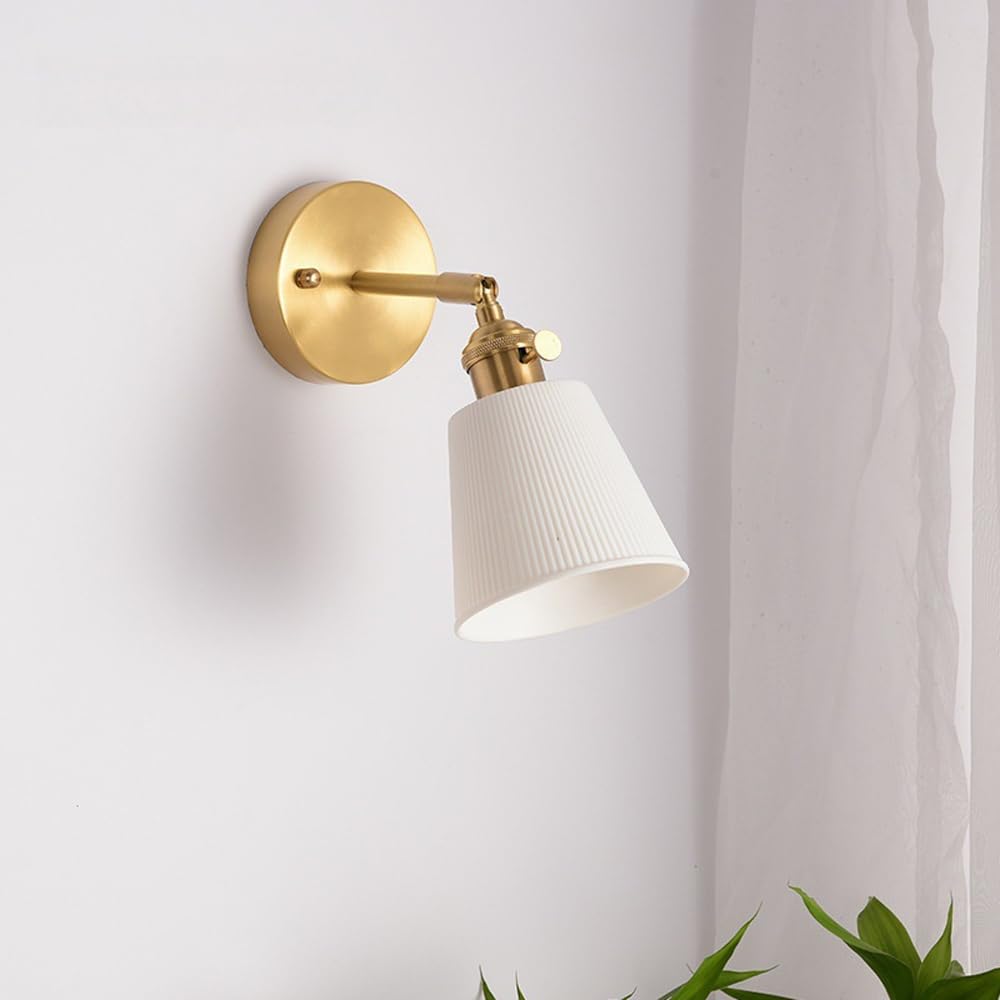 Applique da Parete Moderna in Ottone, Lampada da Parete in Ceramica Bianca con Interruttore Rotante, Applique da Comodino Regolabile, Lampada da Parete Vintage per Arredamento casa, per Camera da