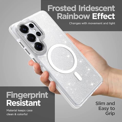 Image of Magnetic Case for Samsung Galaxy S26 Ultra [Compatible with Magsafe] [Bling Glitter Fluorescent Design] [1 Screen Protector] Slim Translucent Matte Case for Galaxy S26 Ultra 6.9 inch, White