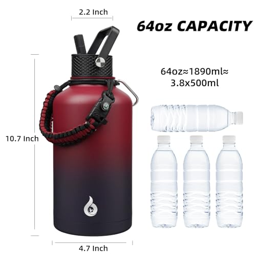 Image of BJPKPK Half Gallon Insulated Water Bottles with 3 Lids and Paracord Strap, 64oz Large, Stainless Steel Water Bottles with Straw Lid, Half Gallon Water Jug,Charming Red