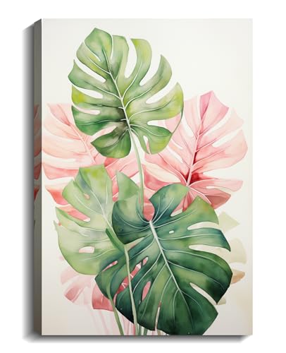 KPLUNDO Botany Wall Art Green and Pink Leaf Canvas Prints