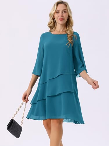 Image of Seta T Women's Chiffon Dresses 3 /4 Bell Sleeve Crewneck Tiered Layered Flowy Dress Party Wedding Outfits