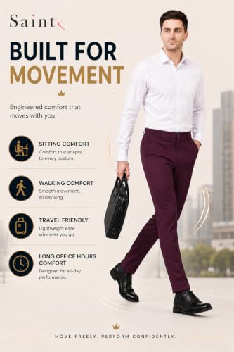 Image of SaintX Men's 4-Way Stretchable, Wrinkle Resistant, All-Day Comfort Trousers | 2 inch Expandable Waistband | Lightweight & Flexible Everyday Wear | EasyMove Office & Casual Wear (Style 37)
