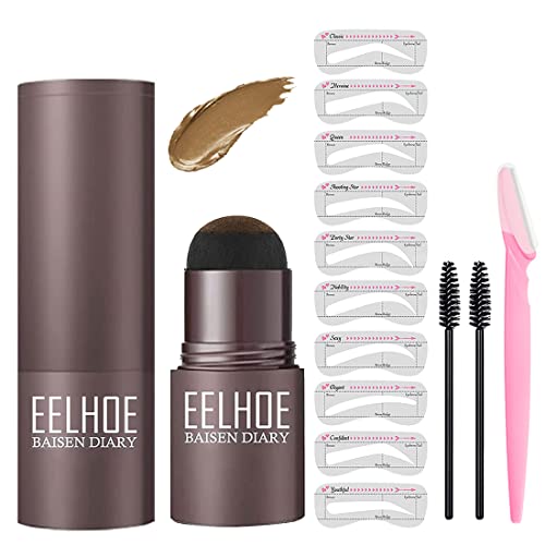 eyebrow stamp stencil kit- Easy Way To Get Perfect Eyebrows In Minutes,Waterproof, 【14-in-1】Eyebrow Stamp *1; Eyebrow Stencil *10; Eyebrow Brush *2;Eyebrow Razor *1 Light Brown