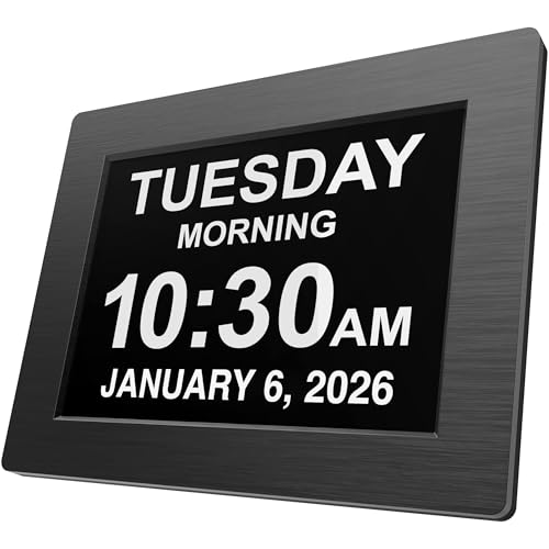 American Lifetime Large Digital Wall Clock for Seniors, Black Polished, 8-Inch High Resolution Display, Easy to Read, Customizable Alarms, Auto-Dimming, Multi-Language Support, Battery Backup