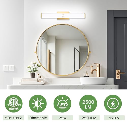 Image of 24 Inch Bathroom Vanity Light 2500LM, 5700K Daylight White Modern Bathroom Light Dimmable, AC 120V 25W Gold LED Vanity Lighting Fixtures Wall Sconce ETL Certified, 2Pack