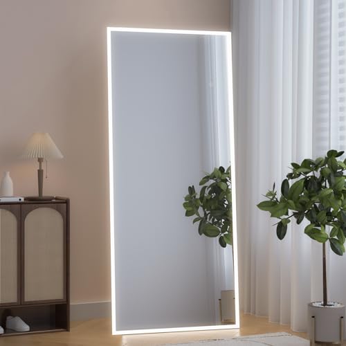 NEUWEABY Espejo de Cuerpo Entero con Luces,180 x 80 cm Iluminado Espejo de pie con LED, montado en la Pared con regulador de Intensidad y 3 Colores de iluminación para Dormitorio, Blanco