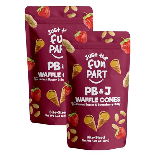 Just The Fun Part | Bite-Size Crispy Mini Waffle Cones | Filled With Premium Belgian Chocolate | Great For Snacks, Desserts, Grab &amp; Go | Kosher | 4.23 Ounce (Pack of 2, Peanut Butter, Strawberry Jelly)