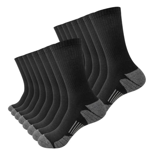 JOYNÉE 8 Pairs Mens Crew Socks Cushioned Moisture Wicking Athletic Socks Work Breathable Socks for Men,Black,Sock Size:10-13