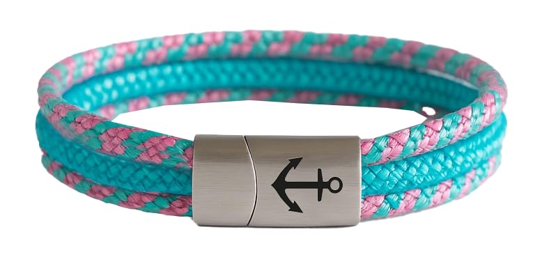 Das Original Segeltau-Armband Tidewisp Unisex mit Edelstahl Sicherheits-Magnetverschluss & Anker Gravur Multistrang-Design Paracord 8 mm Durchmesser handmade (Cape Bleu 19.00 Zentimeter)