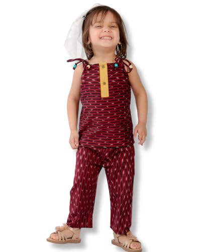Image of Baby Girls Maroon Cotton Top Pant Set for Ages 1-4 Years. Stylish, Comfortable Kids Outfit For Summer, Parties & Everyday Wear