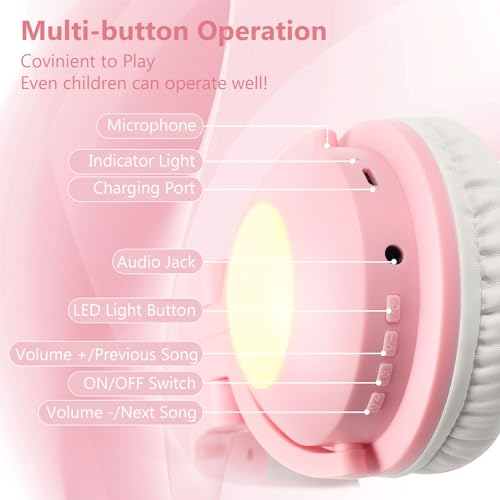 Image of Cat Ear Bluetooth Headphones, Over Ear Wired Headphones with LED Lights, Foldable Wireless Headset with Built-in Mic, Compatible with Phone /PC /Tablet /TV (Pink) | Toddler Girl Headphones, Bluetooth Over Ear Headphones with Microphone,Foldable,Phone /PC /Tablet /TV Compatible,Pink