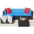 Greesum Patio Furniture Sets 5 Piece Outdoor Wicker Rattan Sectional Sofa with Cushions, Pillows & Glass Table, Blue