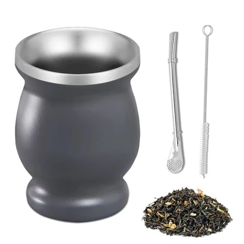 ARCPNRT Tazza Mate, Set di Tazze da tè, Set da tè in Acciaio Inox, con Cucchiaio a Cannuccia e Spazzola per La Pulizia, Set di Zucche per tè, caffè, Latte e Succo di Frutta, Grigio, 8 oz