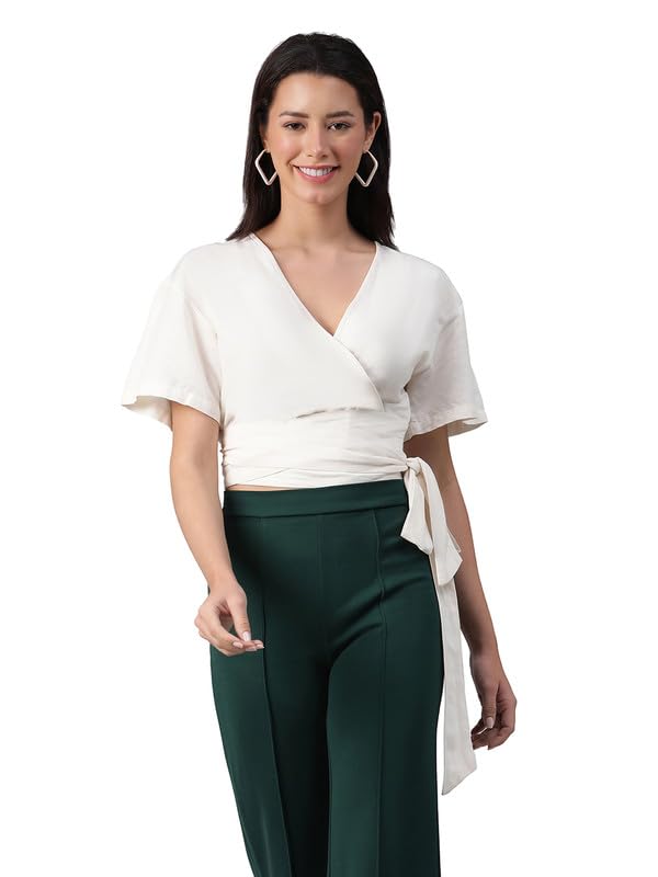 Women V-Neck Short Sleeve with Tie-Knot Belt Cotton Crop Top-image-39