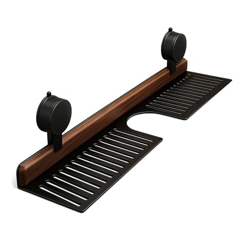 Lbviceru Walnut Bathroom Kitchen Suction Cup Shelf, 2025 New Bathroom Shelf Organizer Over The Faucet, No-Drill Wall-Mounted Storage Shelf Sink, Rack Over Faucet Countertop Shelves (16in*Black)