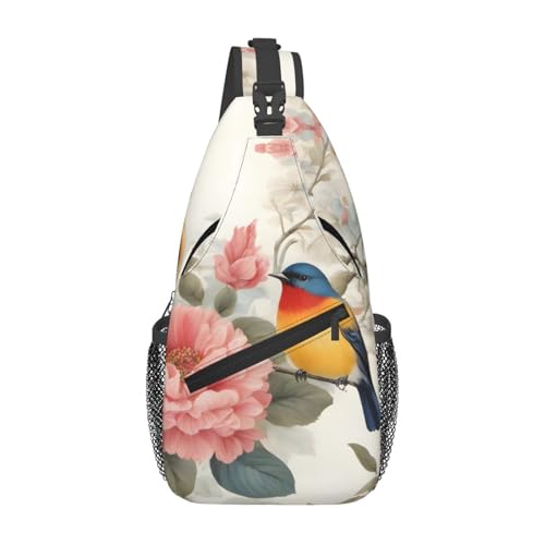 Sac de poitrine noir spacieux sac à bandoulière croisé imprimé oiseaux papillons