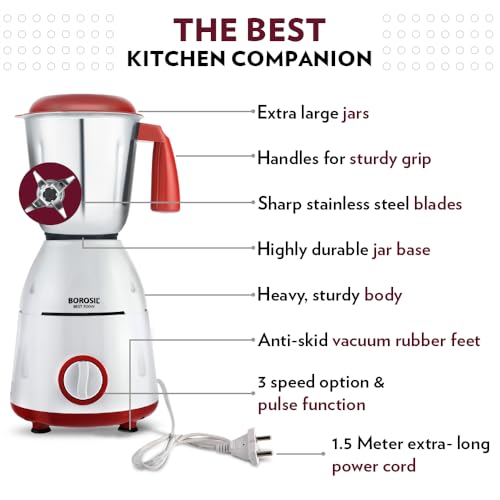 Image of Borosil Best Mixer Grinder, For Wet /Dry Mixing & Grinding, 500 Watts, 3 Jars (400 ml Chutney Jar, 1.2 L Blending Jar, 1 L Grinding Jar), Mixie For Kitchen