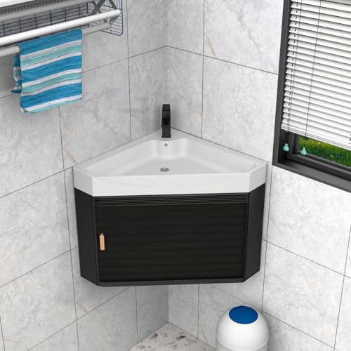 HIYOUGO Lavabo de esquina con armario inferior, lavabo de cerámica triángulo con grifo y bajante, lavabo de esquina colgante de pared para baño (blanco, 42 cm)