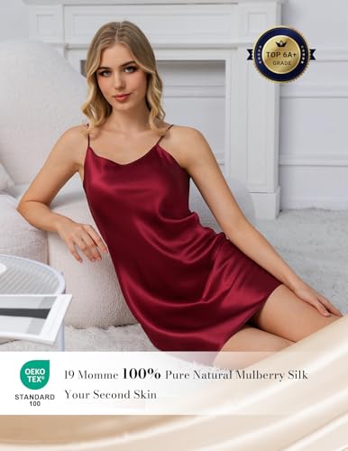 Image of THXSILK Women's Silk Nightgown, 100% Real 19 Momme Mulberry Silk Sleepwear Round Neck Spaghetti Strap Chemise Nightdress