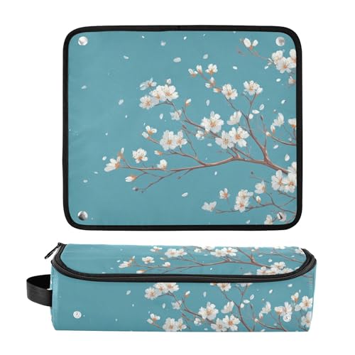 Estuche de viaje 2 en 1 para rizador con almohadilla resistente al calor y organizador para plancha de pelo, rizador, secador de cabello, diseño White Blossoms Teal miniatura 3