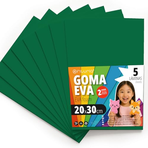 OFITURIA Goma Eva para Manualidades Escolares y Creativas, Láminas de Foam de Colores para Proyectos DIY, Arte, Decoración Infantil, Scrapbooking, Diseños Artesanales 20x30cm (Verde Oscuro, 5 uds)