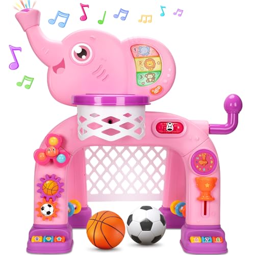 Image of Toddler Basketball Hoop & Soccer Goal Sports Toys for 1 2 3 Years Old Girls Boys, Montessori Toys, Interactive Musical Toy with Lights, Christmas Birthday Gifts for Baby Kids Age 12-18 Months(Pink）
